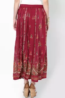 Maroon Embroidered Cotton Long Skirt