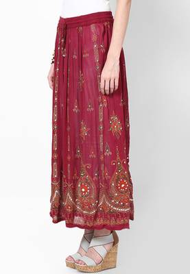 Maroon Embroidered Cotton Long Skirt 3