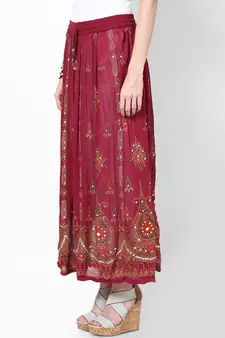 Maroon Embroidered Cotton Long Skirt