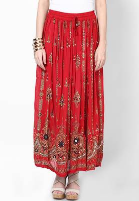 Red Embroidered Cotton Long Skirt 1