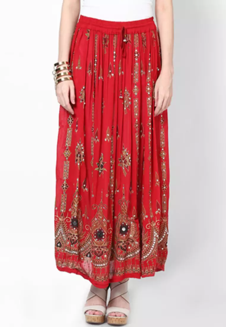 Red Embroidered Cotton Long Skirt