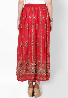 Red Embroidered Cotton Long Skirt 2