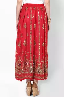 Red Embroidered Cotton Long Skirt