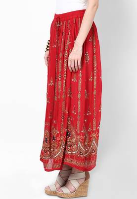 Red Embroidered Cotton Long Skirt 3