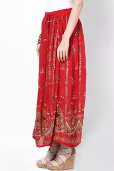 Red Embroidered Cotton Long Skirt