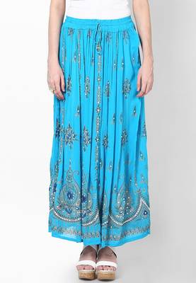 Turquoise Embroidered Cotton Long Skirt 1