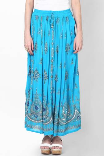 Turquoise Embroidered Cotton Long Skirt