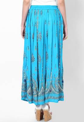 Turquoise Embroidered Cotton Long Skirt 2