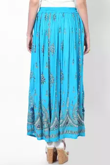 Turquoise Embroidered Cotton Long Skirt