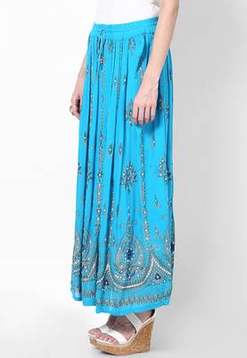 Turquoise Embroidered Cotton Long Skirt 3