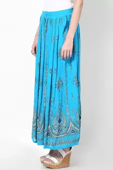 Turquoise Embroidered Cotton Long Skirt