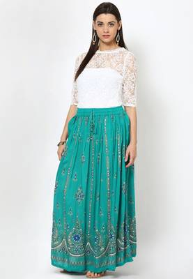 Green Embroidered Cotton Long Skirt 1