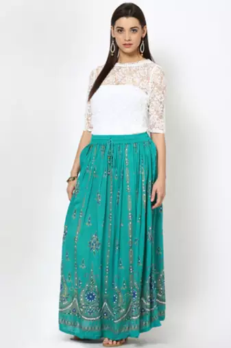 Green Embroidered Cotton Long Skirt