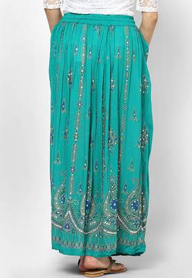 Green Embroidered Cotton Long Skirt 2