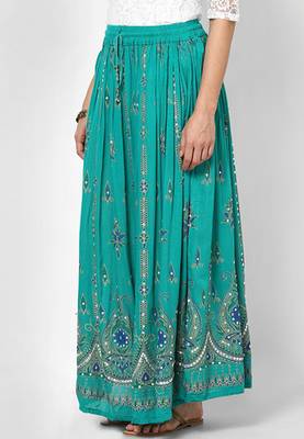 Green Embroidered Cotton Long Skirt 3