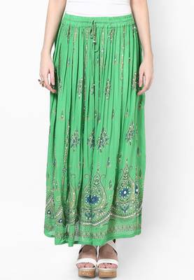 Parrot Green Embroidered Cotton Long Skirt 1