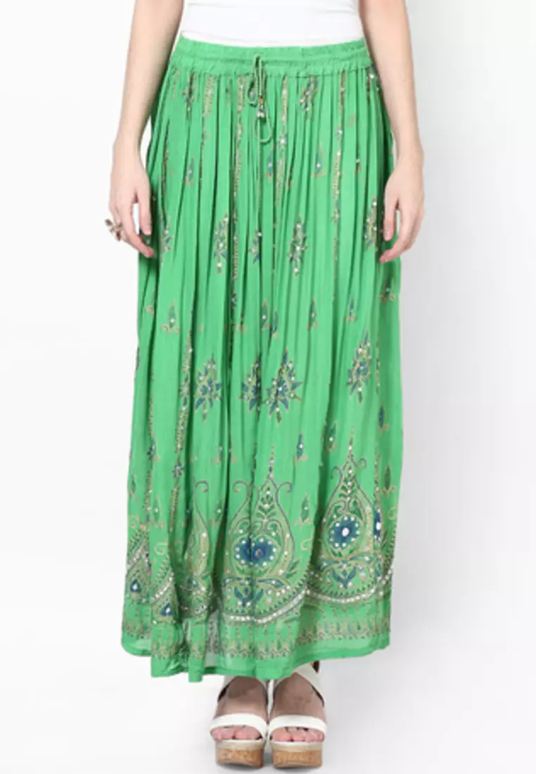 Parrot Green Embroidered Cotton Long Skirt
