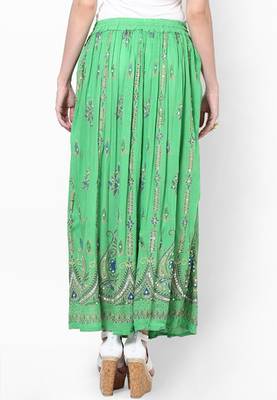 Parrot Green Embroidered Cotton Long Skirt 2