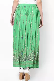 Parrot Green Embroidered Cotton Long Skirt