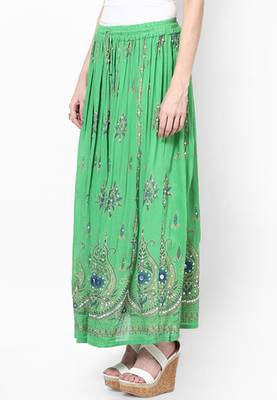 Parrot Green Embroidered Cotton Long Skirt 3