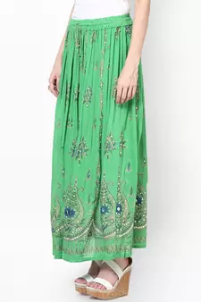 Parrot Green Embroidered Cotton Long Skirt