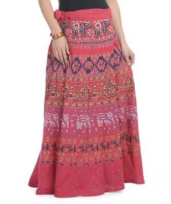 Red Cotton Printed Wrap Around Long Skirt 1