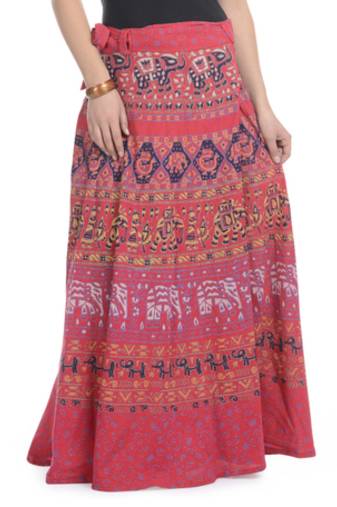 Red Cotton Printed Wrap Around Long Skirt