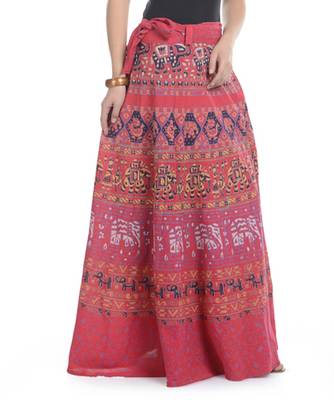 Red Cotton Printed Wrap Around Long Skirt 2