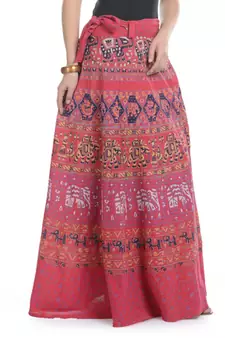 Red Cotton Printed Wrap Around Long Skirt