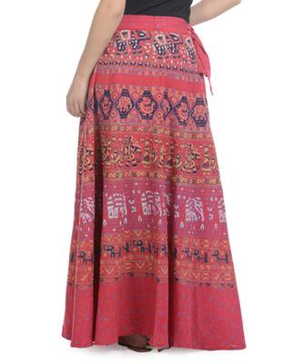 Red Cotton Printed Wrap Around Long Skirt 3