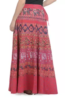 Red Cotton Printed Wrap Around Long Skirt