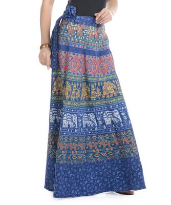 Blue Cotton Printed Wrap Around Long Skirt 2