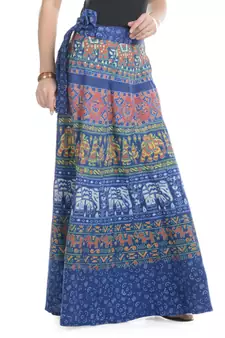 Blue Cotton Printed Wrap Around Long Skirt