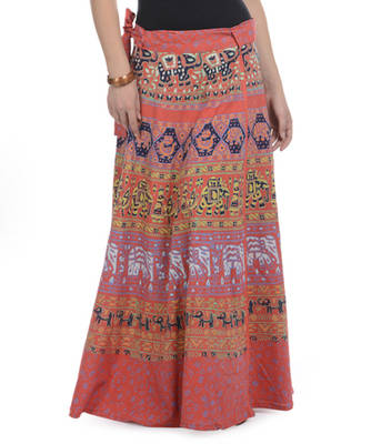 Orange Cotton Printed Wrap Around Long Skirt 2