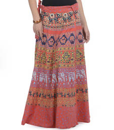 Orange Cotton Printed Wrap Around Long Skirt