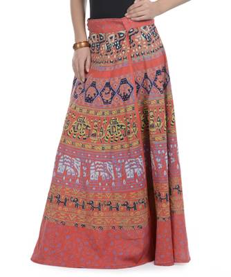 Orange Cotton Printed Wrap Around Long Skirt 3