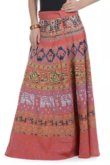 Orange Cotton Printed Wrap Around Long Skirt