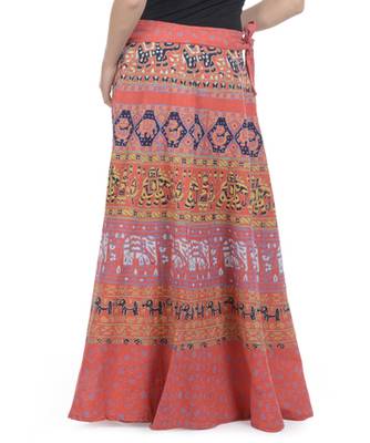 Orange Cotton Printed Wrap Around Long Skirt 1