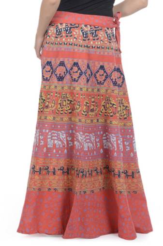 Orange Cotton Printed Wrap Around Long Skirt