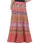 Orange Cotton Printed Wrap Around Long Skirt