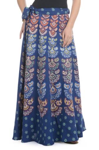 Blue Cotton Printed Wrap Around Long Skirt