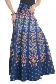 Blue Cotton Printed Wrap Around Long Skirt