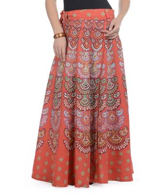 Orange Cotton Printed Wrap Around Long Skirt 1