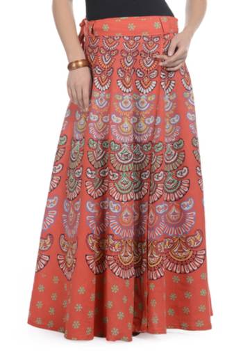 Orange Cotton Printed Wrap Around Long Skirt