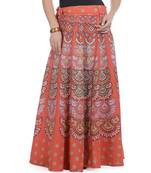 Orange Cotton Printed Wrap Around Long Skirt