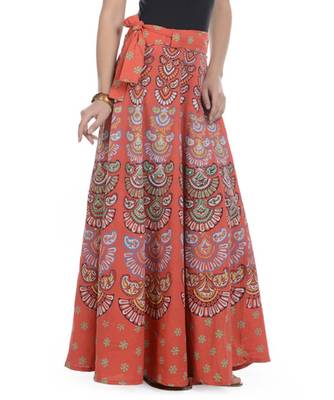 Orange Cotton Printed Wrap Around Long Skirt 2