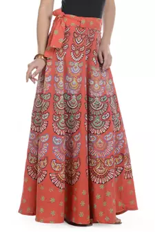 Orange Cotton Printed Wrap Around Long Skirt