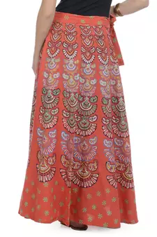 Orange Cotton Printed Wrap Around Long Skirt