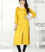 Yellow hand woven rayon long-kurtis