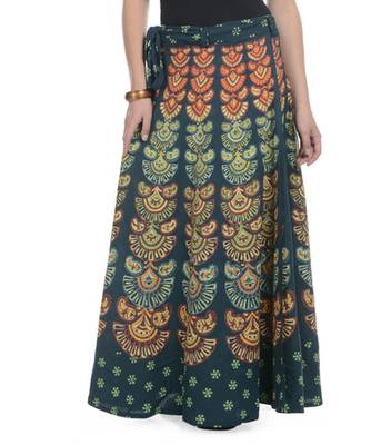 Green Cotton Printed Wrap Around Long Skirt 1